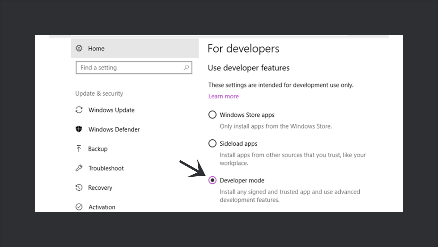 Enable Developers Mode in Windows