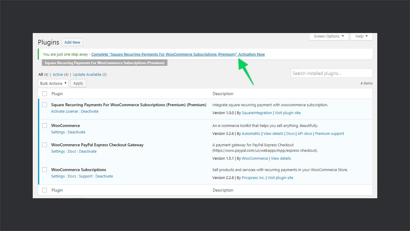 wp square recurring payments for WooCommerce License activation