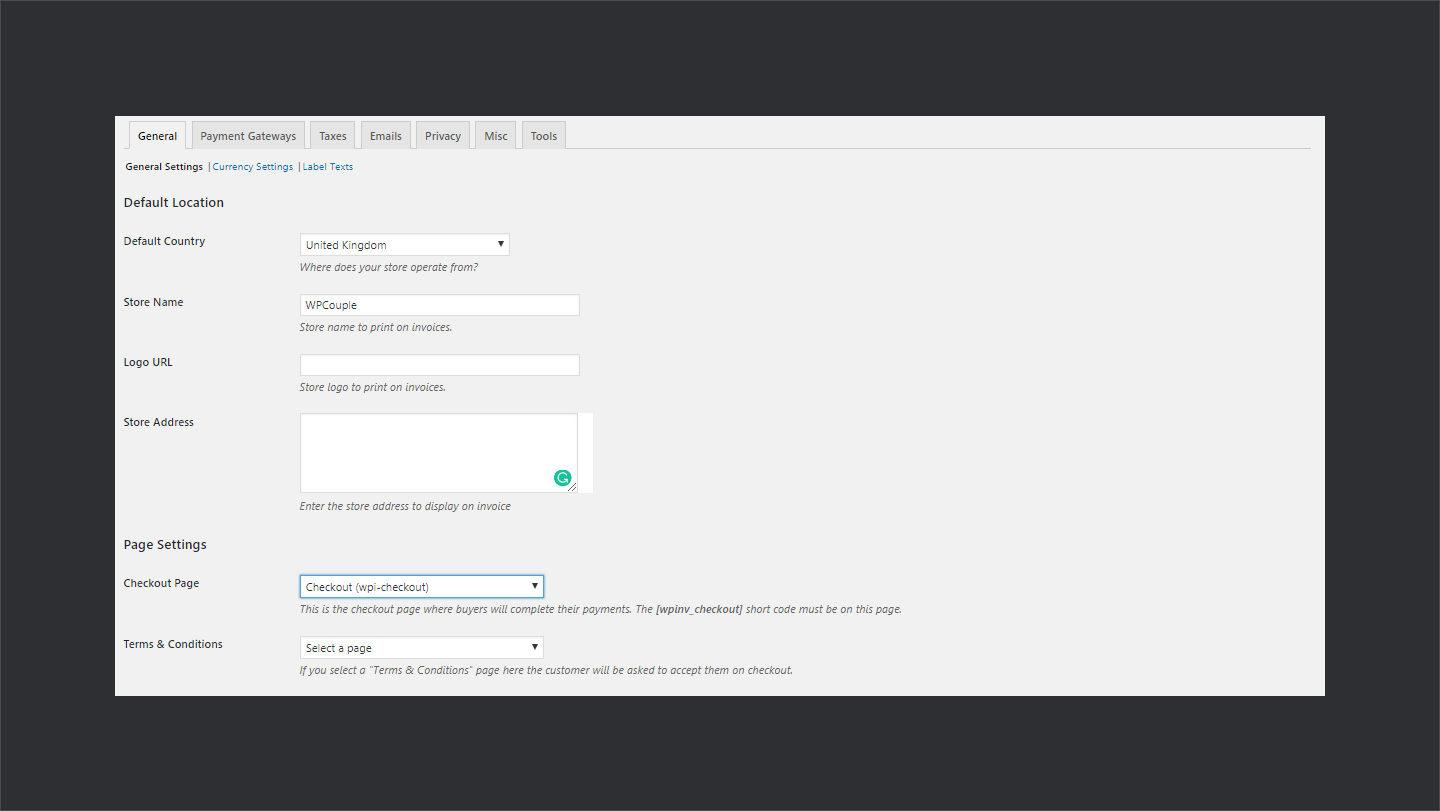 Invoicing General Settings