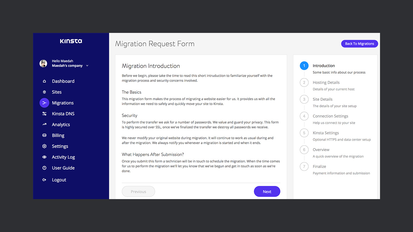 Kinsta Review Migration Request Form